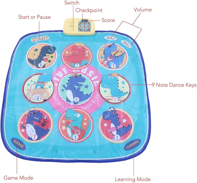 Musical Dance Pad, Dance Mat, Electronic Music Pad for Kids, Toddlers, Foldable Levels Dinosaur Challenge, with Bright Colors,