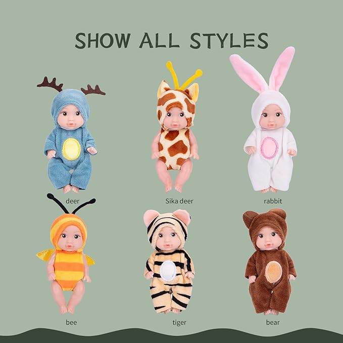 6PCS 4inch Mini Dolls Set - Baby Doll with 6 Animal Outfits & Accessories, Reborn Baby Dolls for Kids Role Play, Perfect Birthday for Children Ages 3+