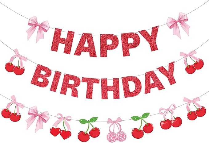 3 Pcs Cherry Birthday Party Decorations Red Glitter Happy Birthday Banner Colorful Hanging Decor Funny Banner Cutout Garland for Themed Decorations Bridal Shower Party Supplies