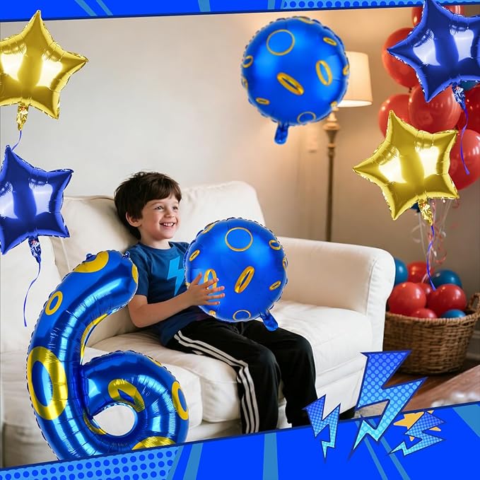 40 Inch Blue and Golden Ring Themed Number Balloon, Number Block Foil Number 6 Balloons Large Big Numbers Helium Balloon for Girls Boys 6th Birthday Theme Party Decorations (Number 6)
