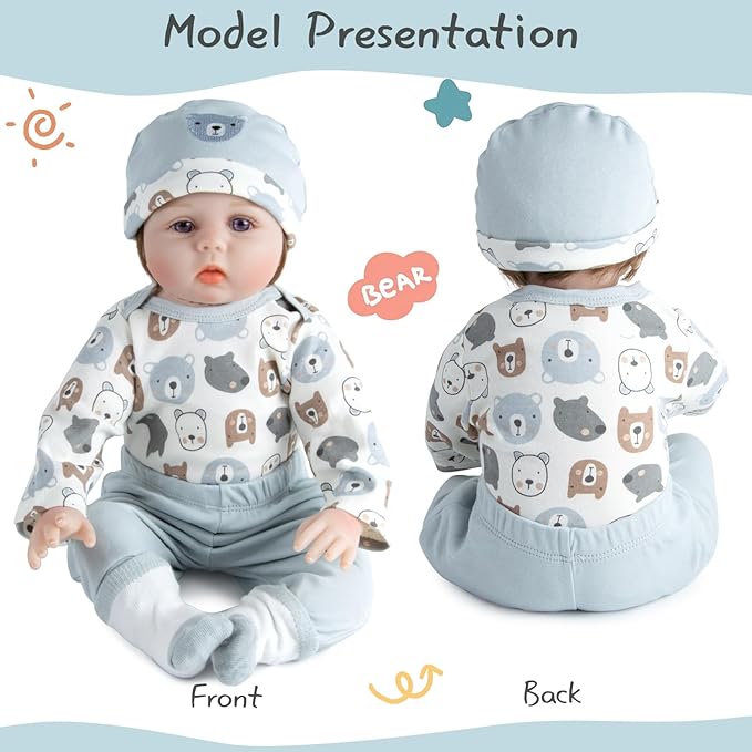 Reborn Baby Dolls Clothes Boy Bear Head 4 Pcs Set for 17-22 Inch Newborn Baby Dolls Boy Clothes Accessories Outfits