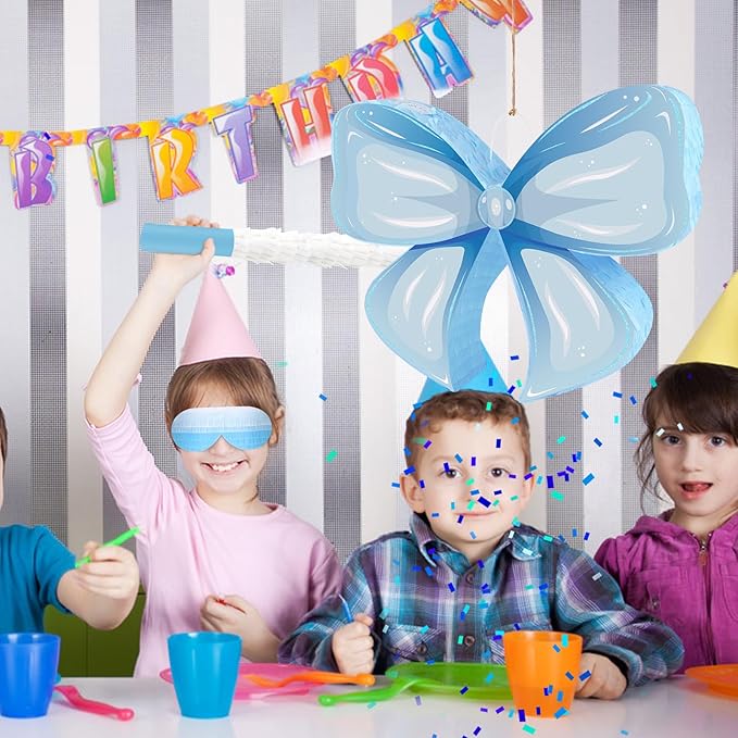 Hooqict Blue Bow Pinata with Blindfold and Bat Stick Frozen Pinata for Birthday Party Games Girls Kids Bow Themed Party Decorations Supplies (Small Size 16"x13"x3")