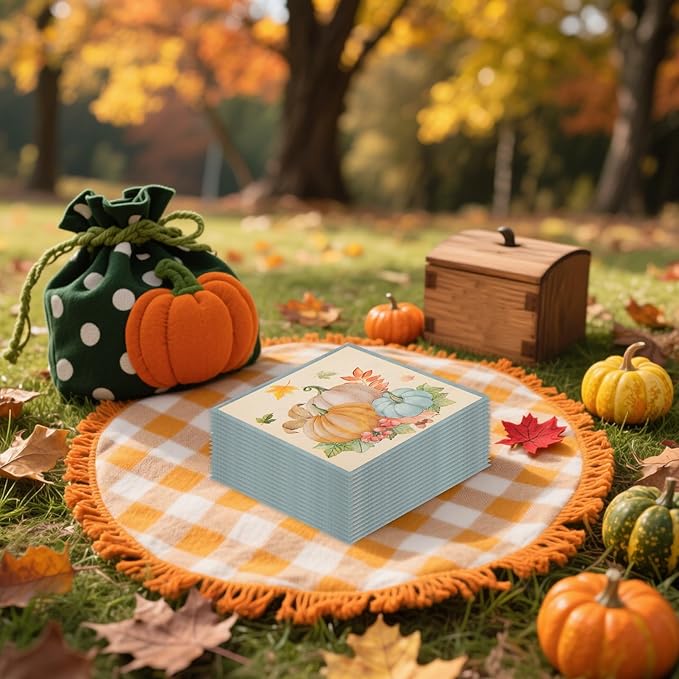 50PCS Fall Pumpkins Paper Napkins - 13 x 13 Inches Maple Leaf Luncheon Napkins Disposable Autumn Theme Decorations for Autumn Harvest Thanksgiving Dinner Party Supplies