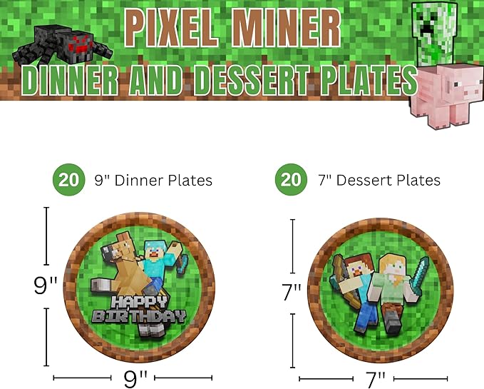 Pixel Miner Dinner and Dessert Plates (40 pieces for 20 Guests) - Video Game Party Supplies, Mining Craft Decorations, Pixel Miner Party, Blue Orchards