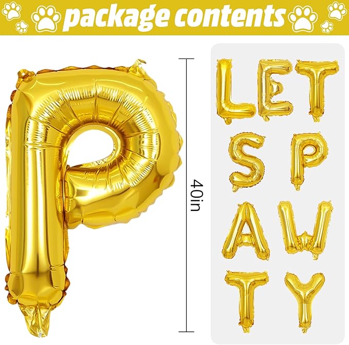 Lets Pawty Balloons Banner 40 Inch,Gold Dog Birthday Decorations,Paw Foil Letter Balloon for Dogs Paw Pet Puppy Theme Party Supplies