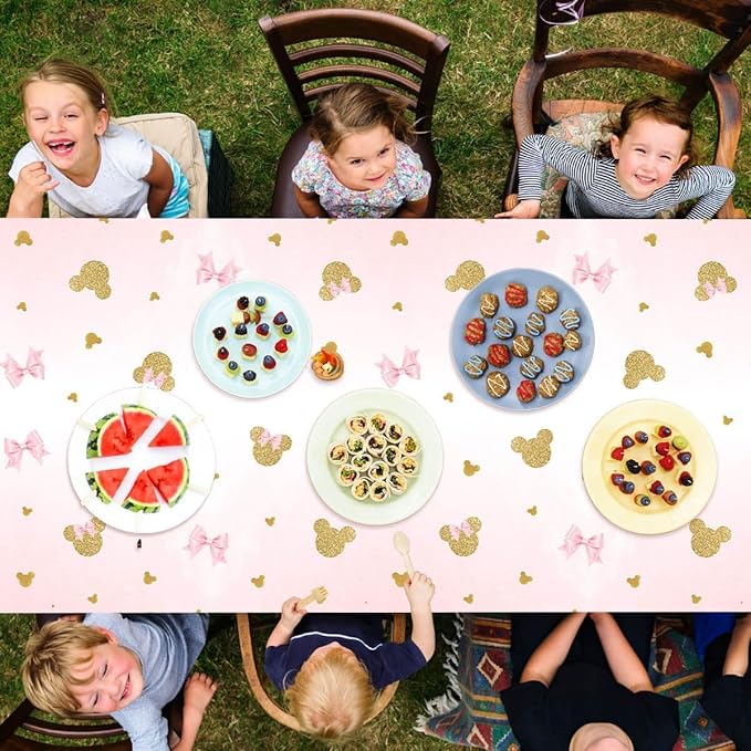 3 Pieces Pink Mouse Birthday Tablecover Gold Mouse Head Cartoon Plastic Party Tablecloth Disposable Table Decoration for Kids Girls