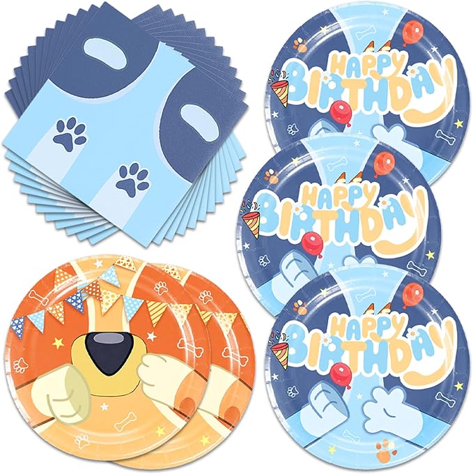40Pcs Blue Dog Birthday Party Decorations Plates and Napkins Blue Dog Party Supplies Serve 20 Guests