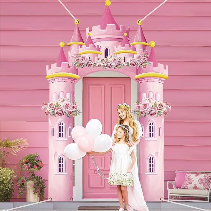 Princess Castle Valentine's Day Photo Prop Pink Princess Party Decorations Princesses Themed Polyester Fabric Birthday Photo Booth Props Pink Castle Door Hanging for Valentine's Day Party Supplies