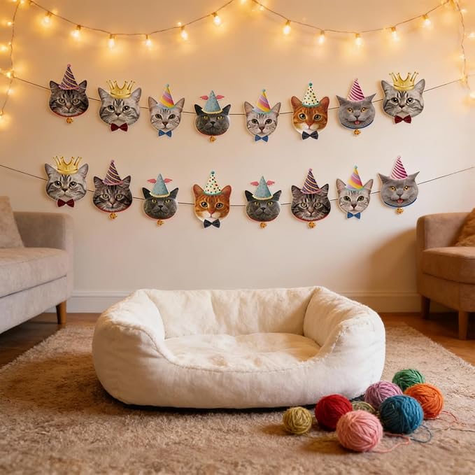 Cat Banner Decor, Cat Birthday Party Decorations Backdrop for Kids Girls Boys Animal Theme Party Supplies, Cat Hanging Paper Garland Sign for Party Photo Prop Room Decor