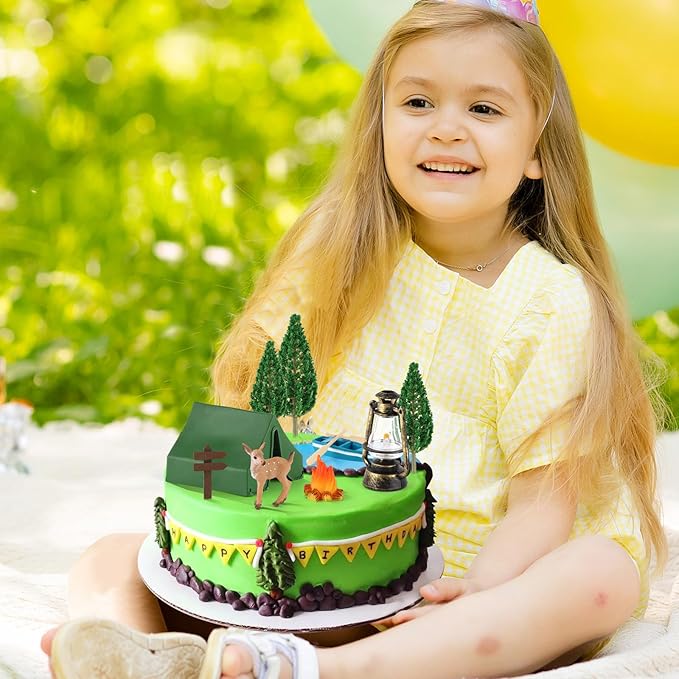 Hooqict 12 Pcs Camping Cake Decorations Set with Mini Tent, Campfire, Tree, Camp Sign, Safari Animals Camping Cake Toppers for Kids Adults Forest Themed Birthday Party Supplies
