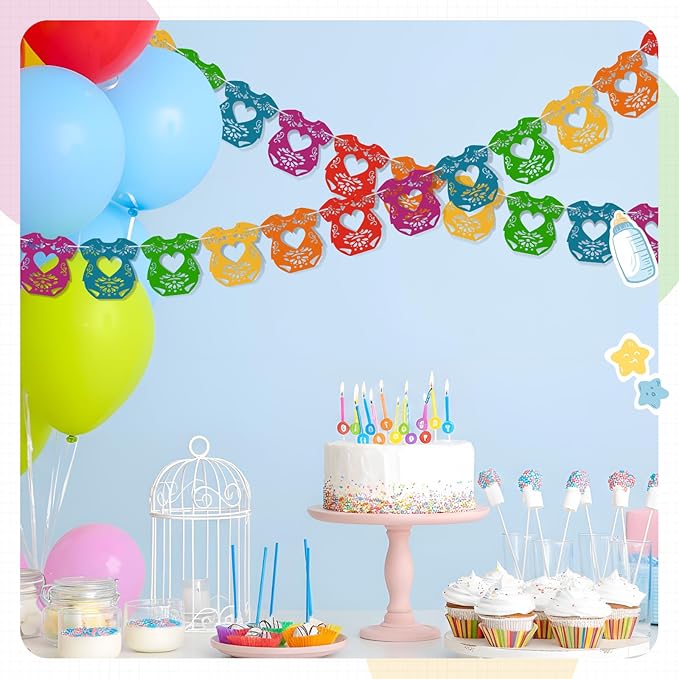 2 Pack Cielito Lindo Papel Picado Baby Shower Banner Decoration, Mexican 24 Pcs Bodysuit Card with Hanging String Fiesta Garland for Gender Baby Shower Party Supplies(Rainbow Color)