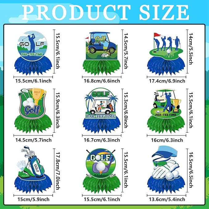 9 Pcs Masters Golf Party Decorations, Honeycomb Golf Birthday Decorations and Centerpieces for Tables with Double-Sided Printing, Sport Themed Birthday Decor Table Party Supplies