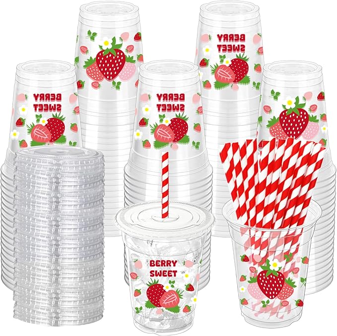 50 Pcs Strawberry Plastic Cups with Lids and Straws, 12 oz Strawberry Disposable Party Drinking Cups for Summer Spring Party Birthday Baby Shower Supplies