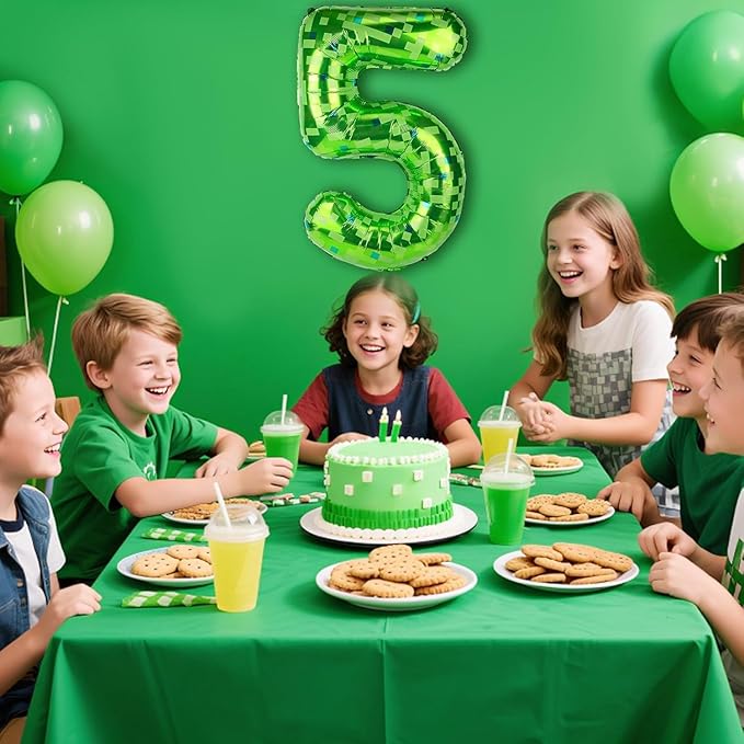 34Pcs Pixel Happy Birthday Party Decorations Set Green Pixel Miner Number 5 Foil Balloon Large Mylar Mining Theme 5th Number Balloons Video Game Party Supplies Cubes Boxes Decor