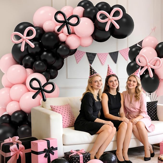125 Pcs Black and Pink Balloon Garland Arch Kit Include 18in 10in 5in Pink Black Bow Balloons for Pink Bow Birthday Baby Shower Gender Reavel Wedding Party Decorations