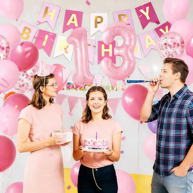 13th Birthday Decorations For Girls, Pink Happy Birthday Decorations With Number 13 Balloons Confetti Hot Pink Pearl White Balloons Fringe Curtain Banner Cake Topper For 13th Party Supplies