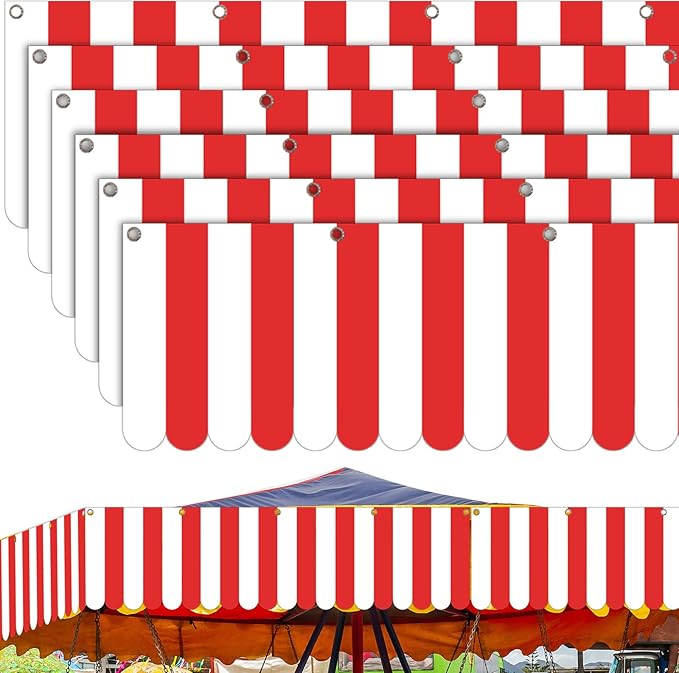 Preboun 6 Pcs Carnival Tent Circus Hanging Awning Decorations Red White Striped Carnival Banner Canopy Party Supplies for Kids Birthday Mardi Gras Theme Christmas Celebration, 9.84 x 78.74 Inches