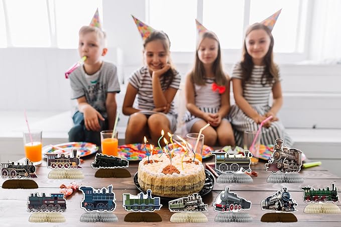 12 PCS Train Honeycomb Centerpieces for Table Decor, Retro Train Table Decorations Table Toppers for Train Party Decorations Train Birthday Party Supplies
