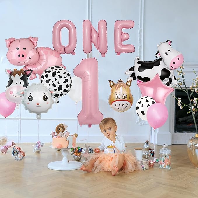 19 PCS Farm Animal Theme Party Balloons Number 1 ONE Letter Banner Balloon Farm Cow Print Sheep Pig Donkey Mylar Foil Balloons Baby Shower Boy Girl 1st Birthday Party Decor Supplies (1st)