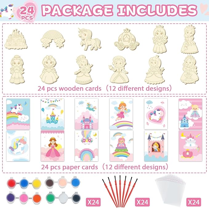 36Pcs Princess Party Favors Birthday Supplies Decorations-Cards with Art Crafts Castle Fairies DIY Wooden Painting Craft Kits Thank You for Coming Gifts Bulk Goodie Bags Stuffers Prizes for Kids Girls