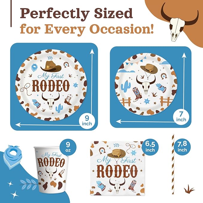 My First Rodeo Birthday Party Decorations, 120Pcs Cowboy 1st Rodeo Themed Party Supplies Disposable and Western Tableware Includes Paper Plates, Napkins, Cups and Straws | Serves 24