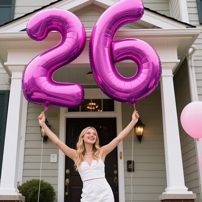 40 Inch Large 26 Balloon Numbers Rose Purple Big Foil Number Balloons Giant Helium Happy Birthday Party Decorations for Man and Women, Huge Mylar Anniversary Party Supplies