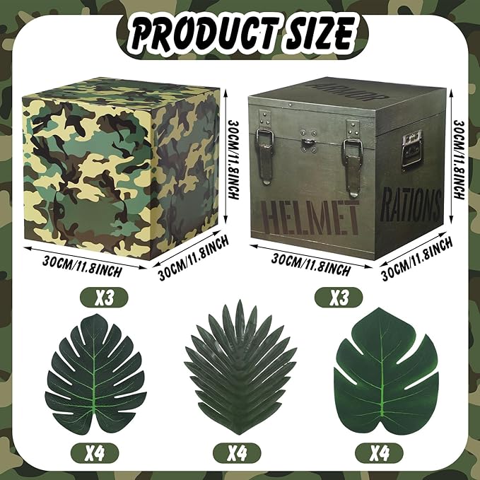 19 Pcs Camo Boxes Decor Army Party Decorations Including Camo Boxes Camo Netting and Palm Leaves for Hunting Military Army Military Enthusiasts Jungle Camo Party Birthday Party Supplies