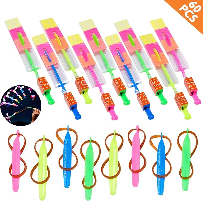 WELLVO 60Pcs Rocket Helicopter with LED Lights 30 Launchers + 30 Glow Rocket Helicopters Glow in The Dark Party Supplies Flying Outdoor Toys Party Favors for Kids 8-12,4-8