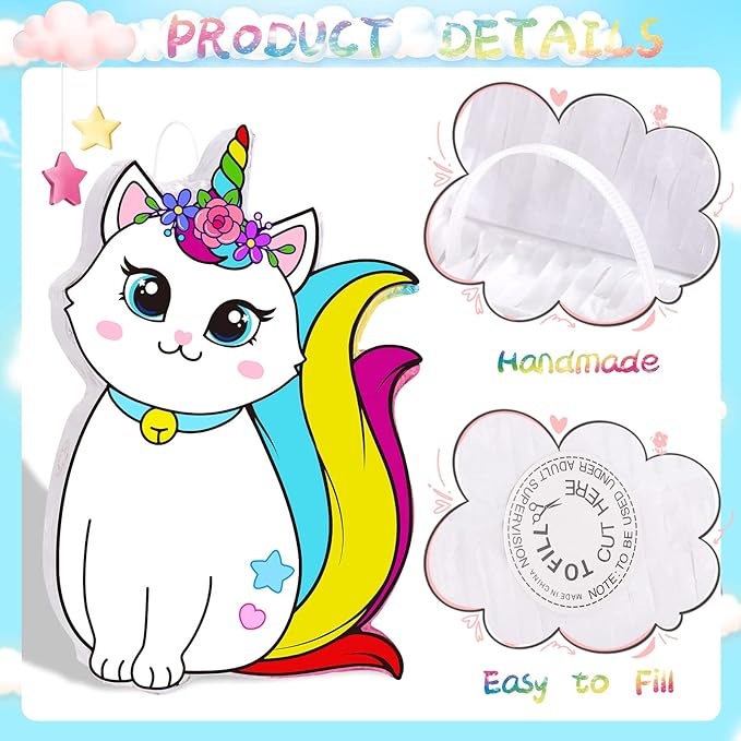 Aoriher Unicorn Cat Piñata with Blindfold and Bat, Caticorn Unicorn Cat Piñata Birthday Party Supplies for Party Favor Birthday Decorations, 16 x 11 Inch