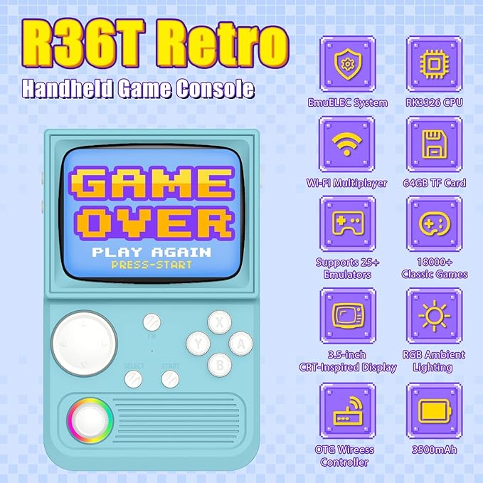 R36T Retro Gaming Console, 3.5'' IPS Screen CRT-Inspired, Handheld Game Console with 18000+ Classic Games Supports WiFi Networked Fighting and OTG, 3500mAh Battery, with Portable Case（Blue 64GB）