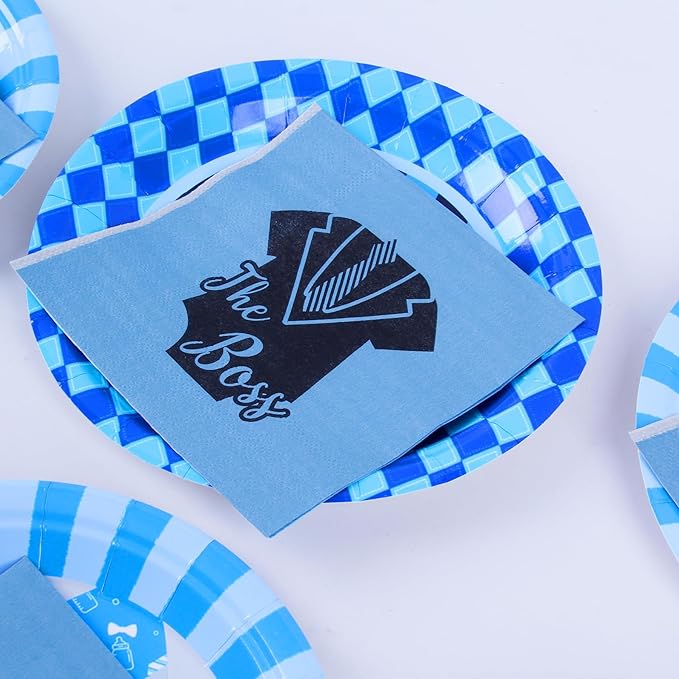 Serve 24 Guests Boss Birthday Party Supplies - 7in Paper Plate Trays and 4.9in Tissue Napkins, for Boy Black Blue Baby Shower Boss First 1st One Year Old Birthday Decorations
