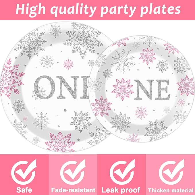 Winter Onederland 1st Birthday Themed Tableware - Snowflake One Plates, Napkins for Baby Girls First Birthday - Disposable Paper Party Decorations Supplies Favors for 24 Guests