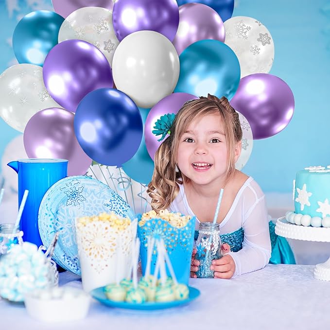 Balloons Set, 50pcs 12inchs Purple Blue Snowflack Print Balloons,for Boys Girls Fozen Birthday Baby Shower Decorations Christmas Winter Wonderland Party Supplies