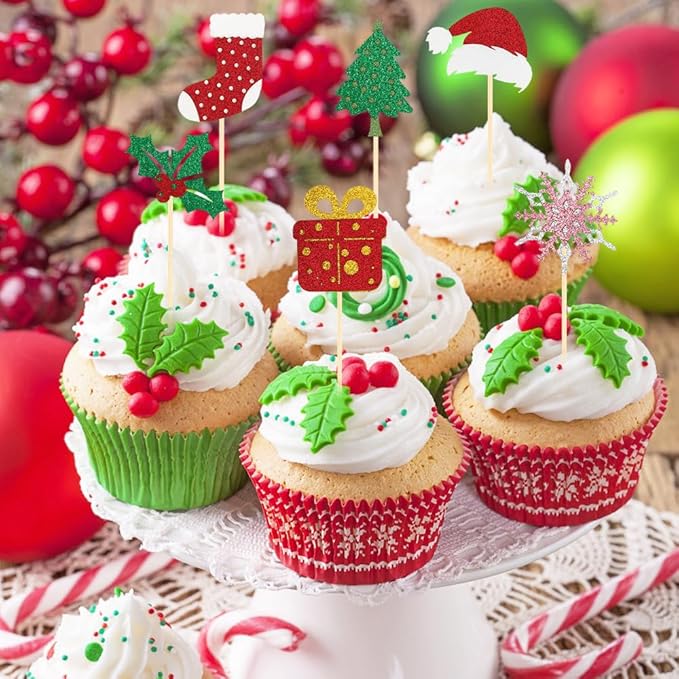 Christmas Cupcake Toppers Cake Decorations, 24 PCS Merry Christmas Cake Topper, Glitter Stockings Snowflake Xmas Tree Decorative Cupcakes Ficks Food Picks for Xmas Holiday Party Decoration Supplies