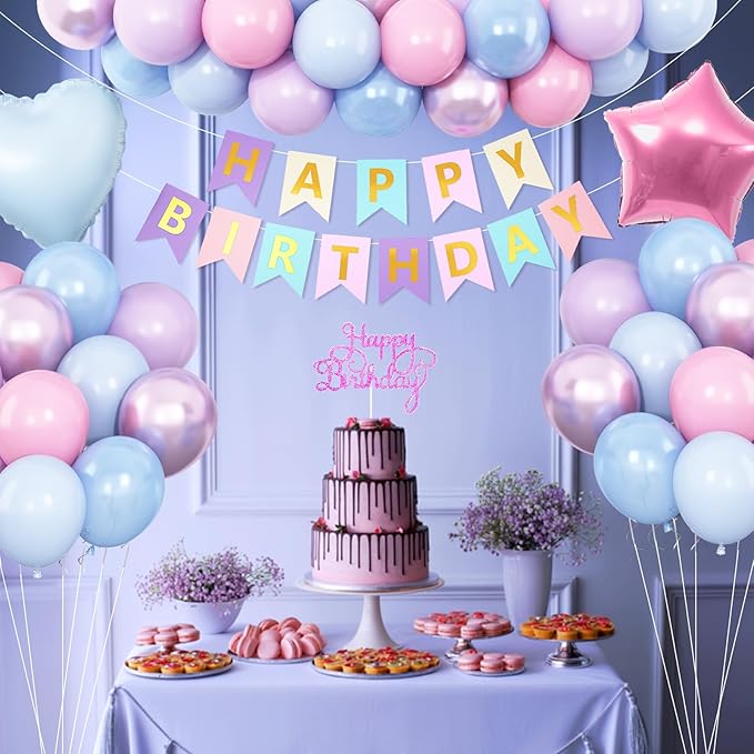 Pink Purple Blue Birthday Decorations,Pastel Balloon Decor Happy Birthday Banner Cake Topper Star Heart Foil Balloon for Girl Baby Shower Gender Reveal Party