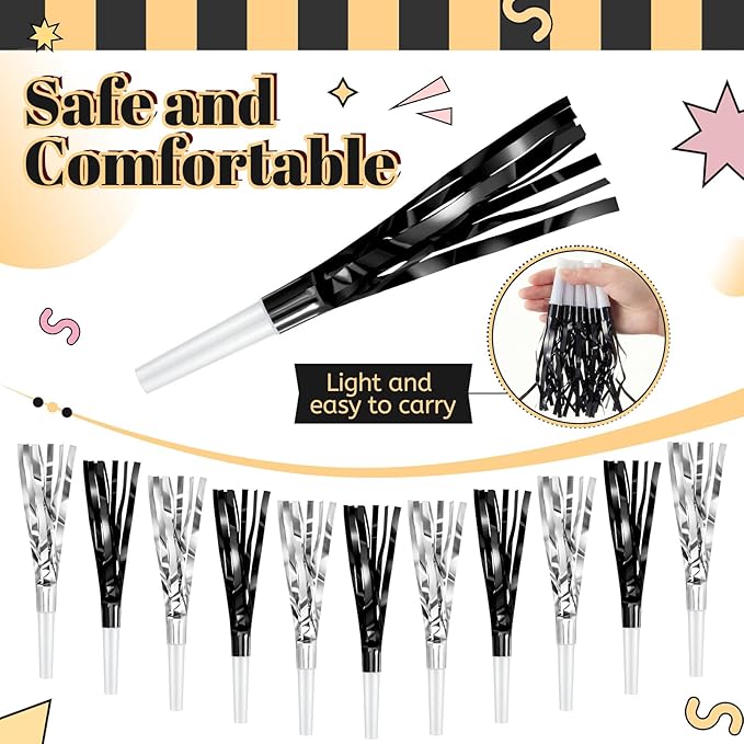 Sumind 24 Pcs Black and Silver Noise Makers Glitter Noise Makers Metallic Fringed Party Blowers for Adults Birthday Graduation Sporting Events 2026 New Years Party Favor Supplies