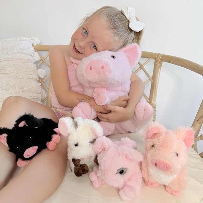 5 Pcs Pig Stuffed Animal Plush - Pink Mommy 16" with 4 Little Piggy in Her Zippered Tummy - Cute Plushie Toy Gift for Girls and Kids