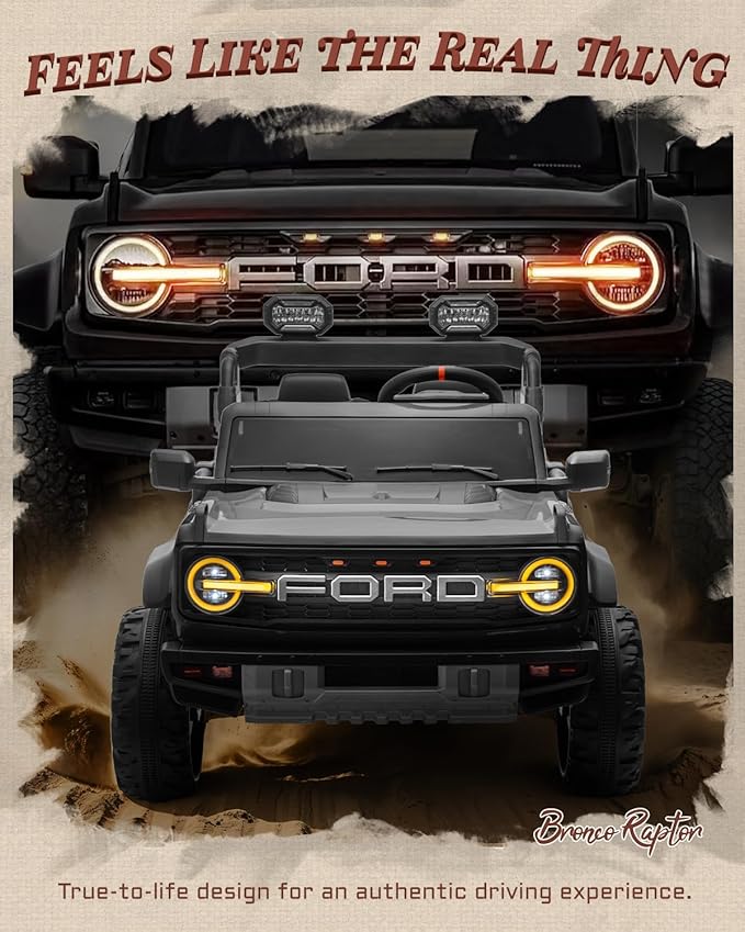 First Ride On 24V Ride on Toys for Big Kids, Licensed Ford Bronco Raptor Electric Car 2 Seater with Remote Control, Kids Ride on Cars w/ 2-Seater, 4.3 Mph Max Speed, Soft Start Function (24V, Black)