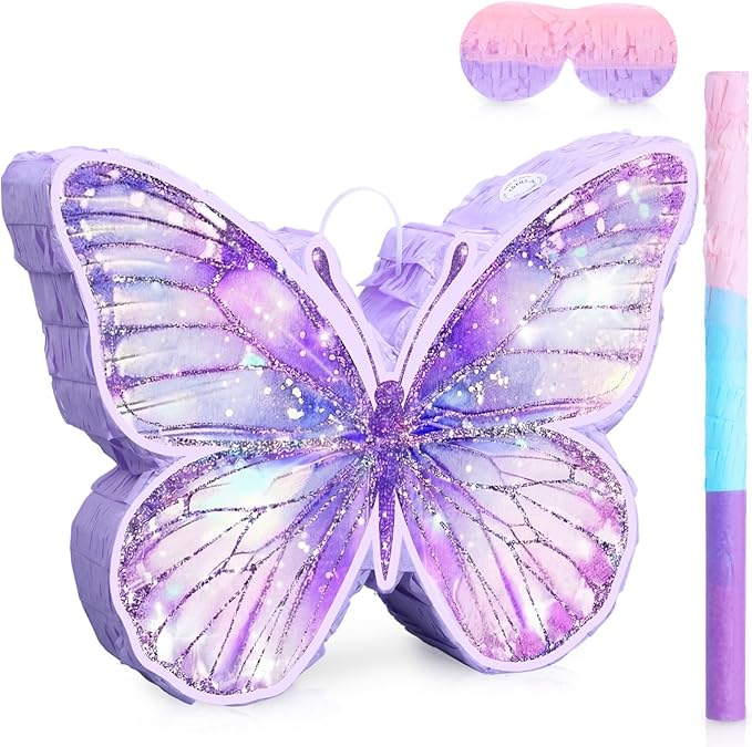 Butterfly Piñata for Birthday Party Supplies Purple Butterfly Piñata Decorations with Pink Purple Stick and Blindfold for Birthday Party Decorations Game Supplies