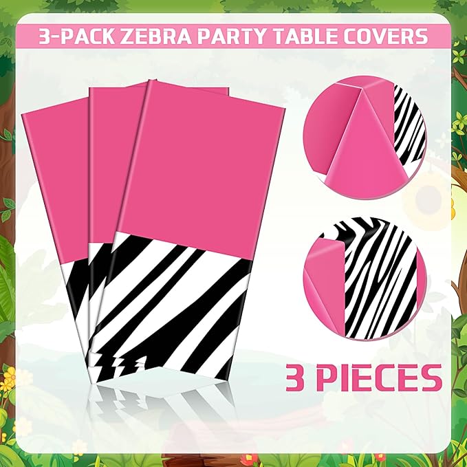 Buryeah 3 Pcs Zebra Tablecloth Zebra Print Plastic Table Cloth Disposable Tablecloth Animal Safari Table Cover 54 x 108'' for Baby Shower Wedding Birthday Party Decorations Supplies(Hot Pink A)