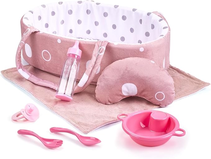 Enjoyin 8 Pcs Baby Doll Accessories Set Includes Feeding Bottle, Pacifier, Blanket, Pillow, Tablewares and Bassinet Carrier for 9'' to 12'' Dolls