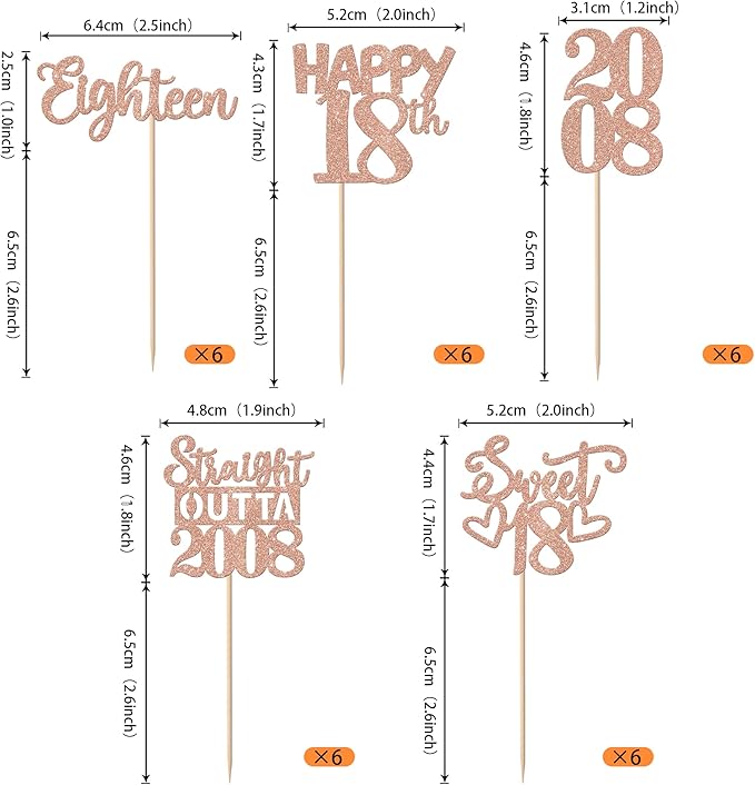 30PCS 18th Birthday Cupcake Toppers Glitter Eighteen Happy 18th Straight Outta 2008 Cupcake Picks for Cheers to 18 Years Birthday Wedding Anniversary Party Decoration Supplies Rose Gold