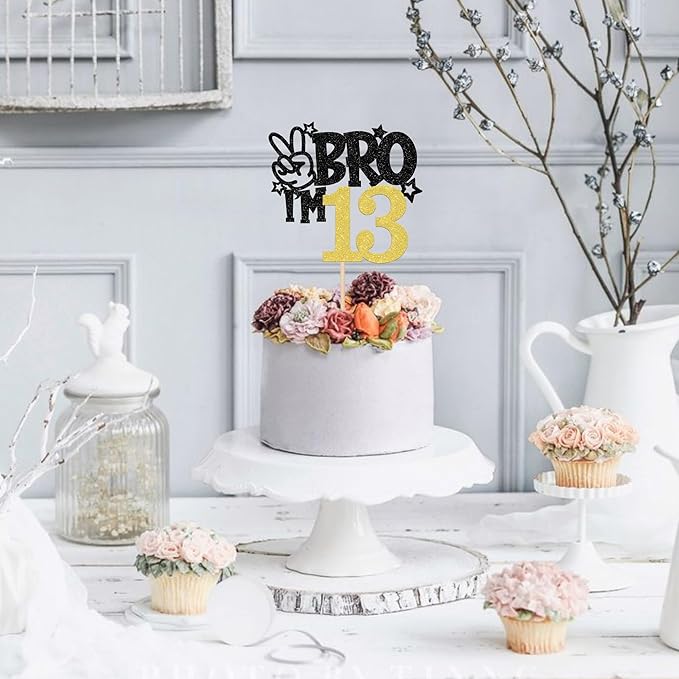 1 PCS Brother I'm 13 Cake Topper Glitter Star Happy 13th Birthday Cake Pick Bro I'm 13 Cake Decoration It's My 13th Birthday Decorations for Boys Cheers to 13 Years Old Birthday Party Supplies Gold