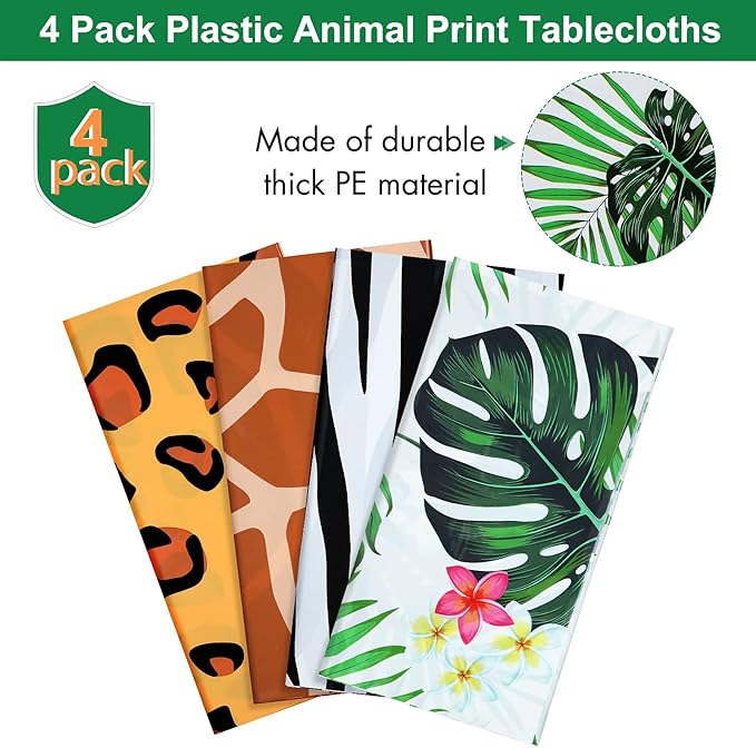 Animal Safari Tablecloth Jungle Animal Theme Tablecover Tiger Zebra Giraffe Print Table Cover Tropical Leaf Tablecloth Party Supplies for Jungle Safari Birthday Baby Showers (Greenery Style, 4 Pcs)
