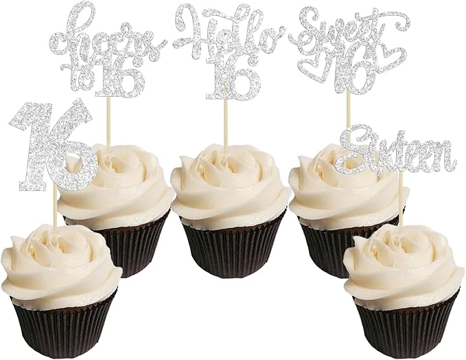 30Pcs 16th Birthday Cupcake Toppers Sixteen Happy 16 Cupcake Picks Cheers to 16 Sweet 16 Cake Decorations for 16th Birthday Anniversary Party Supplies Silver Glitter