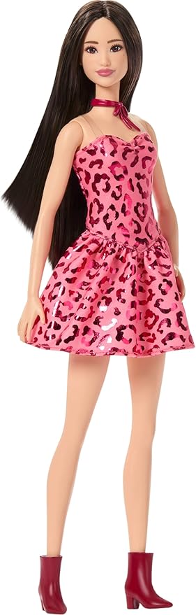 Barbie Fashionistas Doll #246 with Black Hair, Pink Leopard Print Strapless Dress with Accessories Like Tie Necklace and Boots
