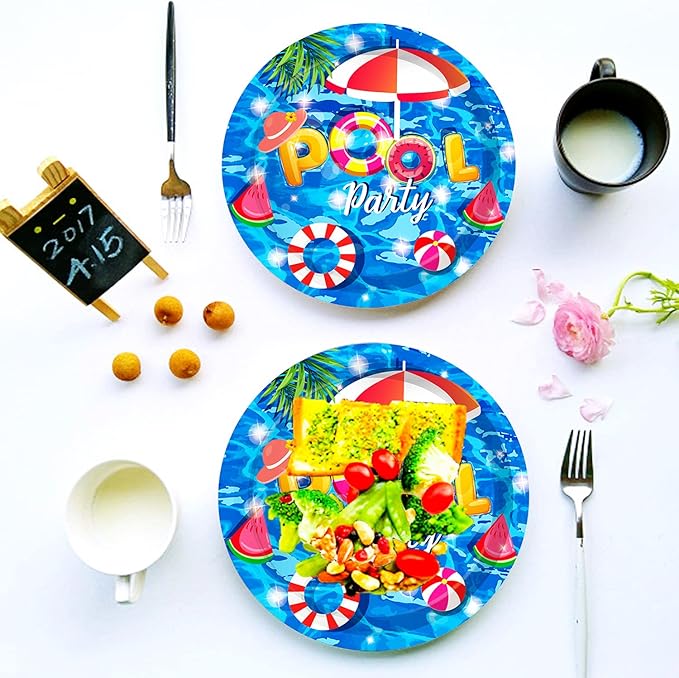 50 Pcs Pool Party Tableware Plates,Pool Party Supplies Beach Party Supplies,7"Summer Pool Party Paper Plates for Summer Beach Theme Pool Birthday Party Decorations