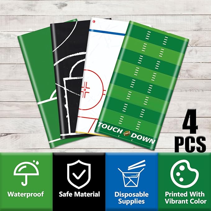 Sports Themed Party Tablecloths, Soccer Football Basketball Hockey Tablecloth for Sports Themed Decorations Boys Birthday Party Supplies, 4 Pack, 51 x 86 inch