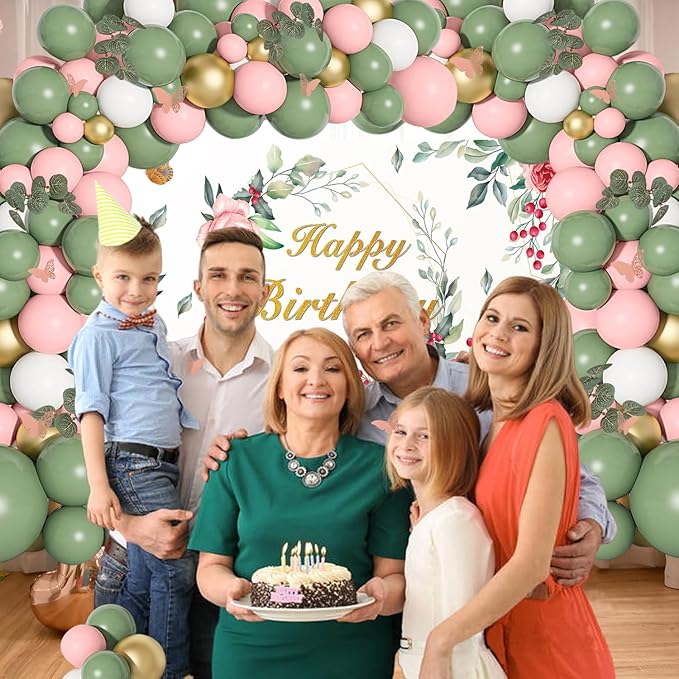 Yancan Sage Green Birthday Decorations Women Birthday Party Supplies Including Floral Backdrop, Sage Green Pink Balloons Garland Arch Kit, Tablecloth, Cupcake Toppers for Girls