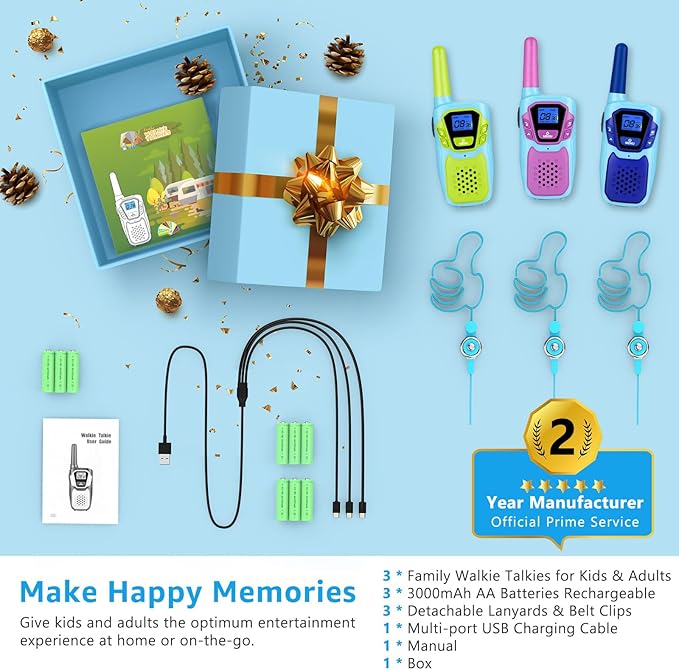 Walkie Talkies for Kids Long Range Walkie-Talkie for Adults Rechargeable 2 Way Radios 3 Pack with Lanyard NOAA USB VOX, Family Toys for 3-12 Year Old Boys Girls Toddlers Camping Hiking